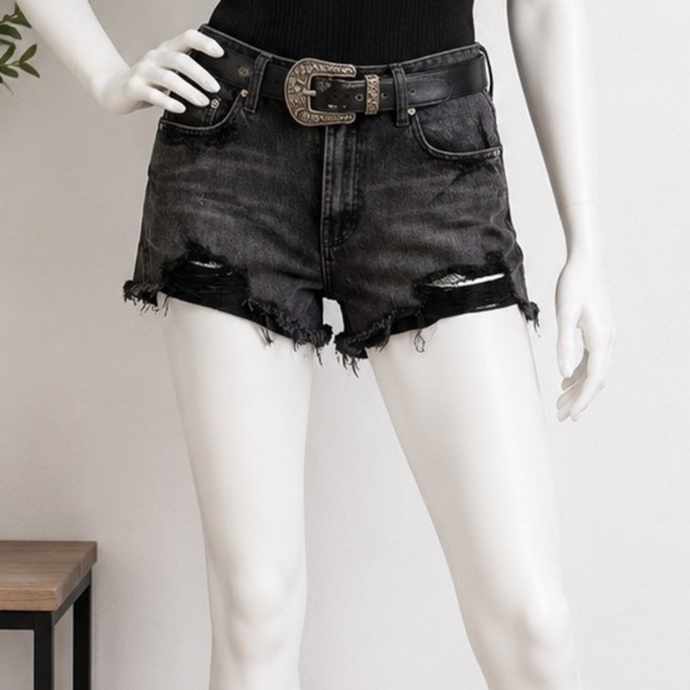 Blue Revival Womens Denim Shorts Distressed Faded Black Cutoff 29